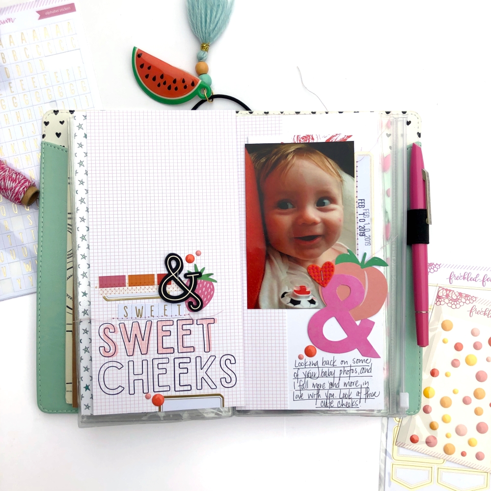 Sweet Cheeks Traveler's Notebook Spread using Freckled Fawn Feb 2019 Bundle, Elle's Studio Stamps, and American Crafts Ephermera - Lydia Cost